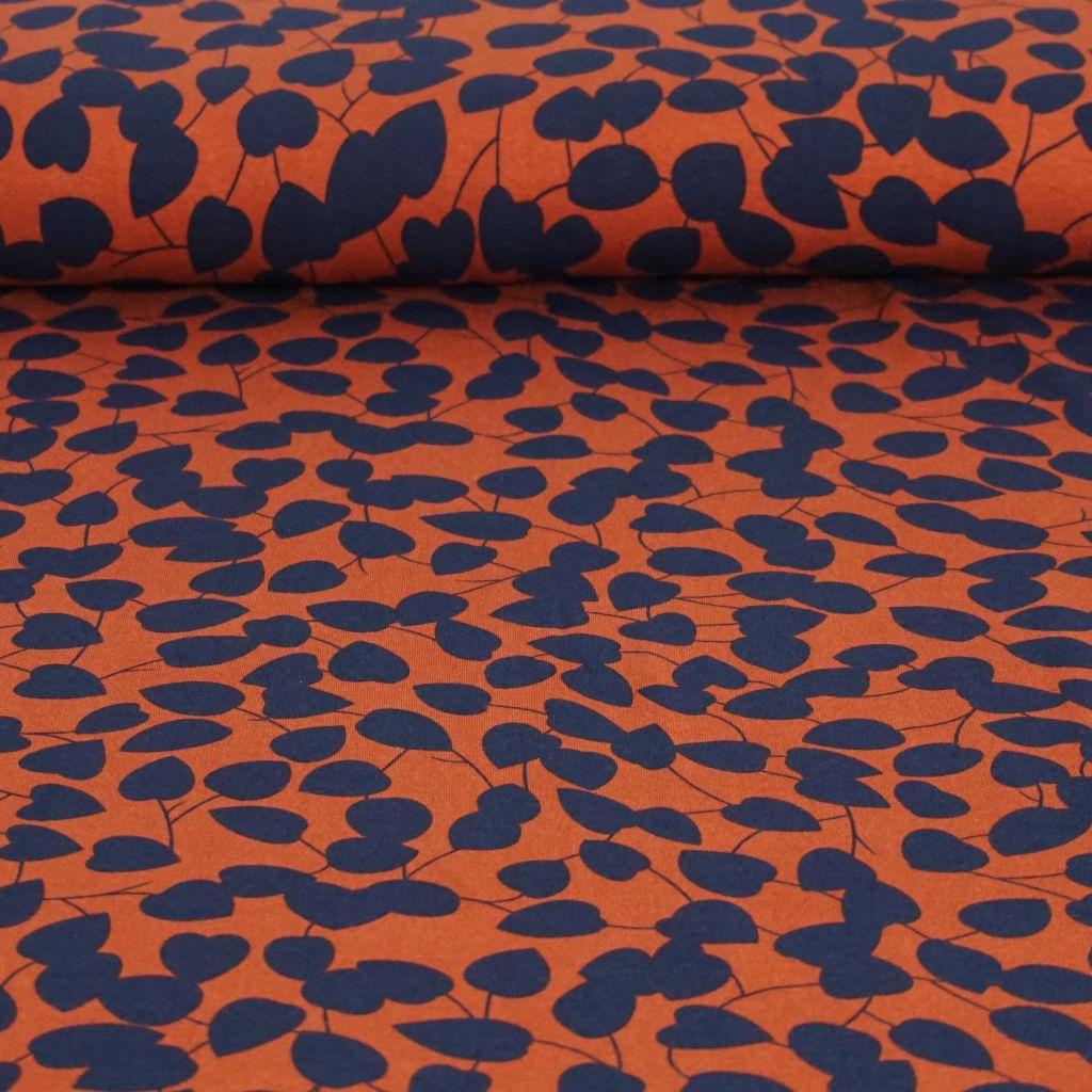 Viskosejersey Blätter blau rostrot